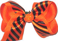 Toddler Black and Orange Stripe Satin over Orange with Pumpkin Miniature Double Layer Overlay Bow